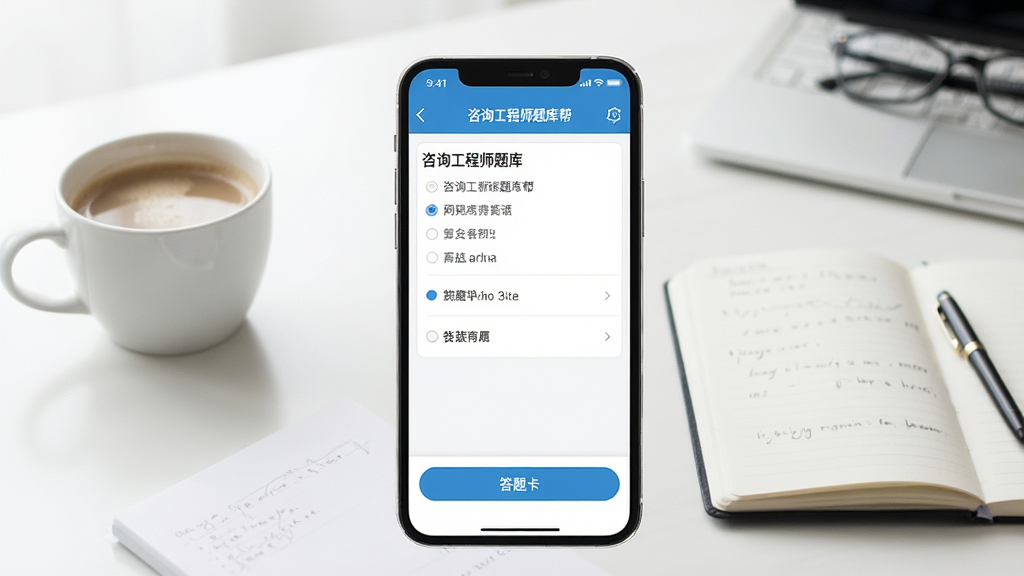一张手机屏幕展示“咨询工程师题库帮”应用主界面的图片,画面中央是手机,手机屏幕里显示着做题界面,有题目选项和下方的答题卡按钮,背景是干净的书桌,桌上放着一杯咖啡和一本笔记本,风格清新明亮,细节清晰,画质干净,无多余元素