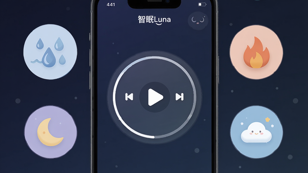 画面展示「智眠Luna」App内部的音景选择界面,手机屏幕中央是一个圆形的音景播放器,周围环绕着代表不同声音的图标,比如雨滴、海浪、火焰、月亮、云朵等,图标以扁平化风格绘制,颜色柔和,背景是深色渐变,整体布局清晰有序,风格现代简约,细节圆润可爱,画质高清干净无多余元素