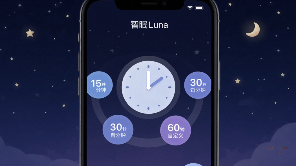 画面展示「智眠Luna」App的定时关闭设置界面,手机屏幕中央是一个圆形的时钟图标,时钟周围有15分钟、30分钟、60分钟和自定义等选项按钮,按钮以柔和的蓝色和紫色为主,背景是深邃的夜空和星星,整体排版简洁直观,风格温馨安静,细节精致清晰,画质高清干净无多余元素