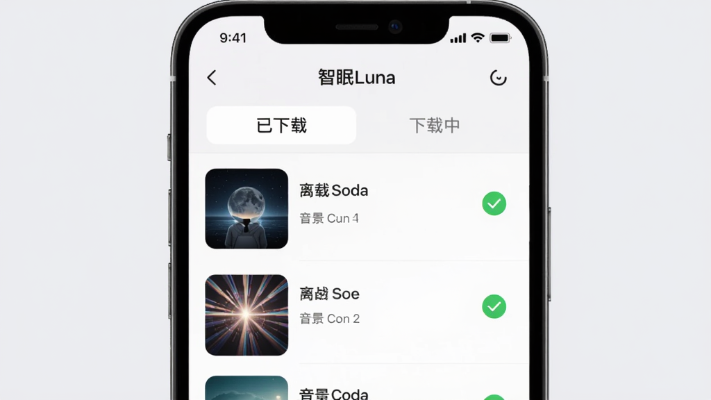画面展示「智眠Luna」App的离线下载管理界面,手机屏幕上显示着已下载的音景列表,每个音景旁边有下载完成的绿色对勾图标,界面顶部有「已下载」和「下载中」两个标签页,背景是浅灰色,整体排版整齐规范,风格干净利落,细节清晰明了,画质高清干净无多余元素