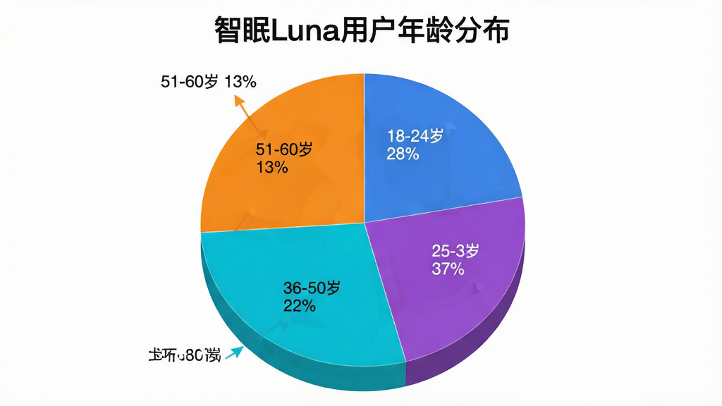画面展示一个饼状图,图表标题为「智眠Luna用户年龄分布」,饼图分为四个色块,分别标注18-24岁占比28%、25-35岁占比37%、36-50岁占比22%、51-60岁占比13%,饼图配色以蓝色、紫色、青色和橙色为主,背景是白色,整体排版简洁清晰,风格商务扁平,细节干净利落,画质高清无多余元素