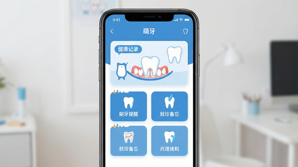 萌牙 手机应用 主界面 简洁 蓝白配色 牙齿健康记录 刷牙提醒 就诊备忘 功能卡片 扁平化设计 干净 高清 无多余元素