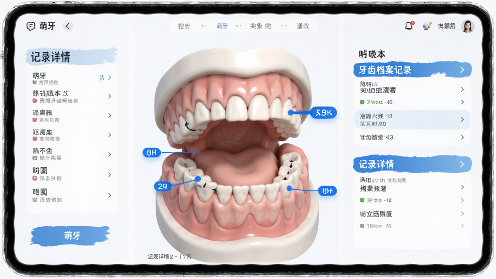 萌牙 牙齿档案记录 界面 3D牙模 牙齿标注 记录详情 蓝色高亮 布局清晰 风格现代 画质干净