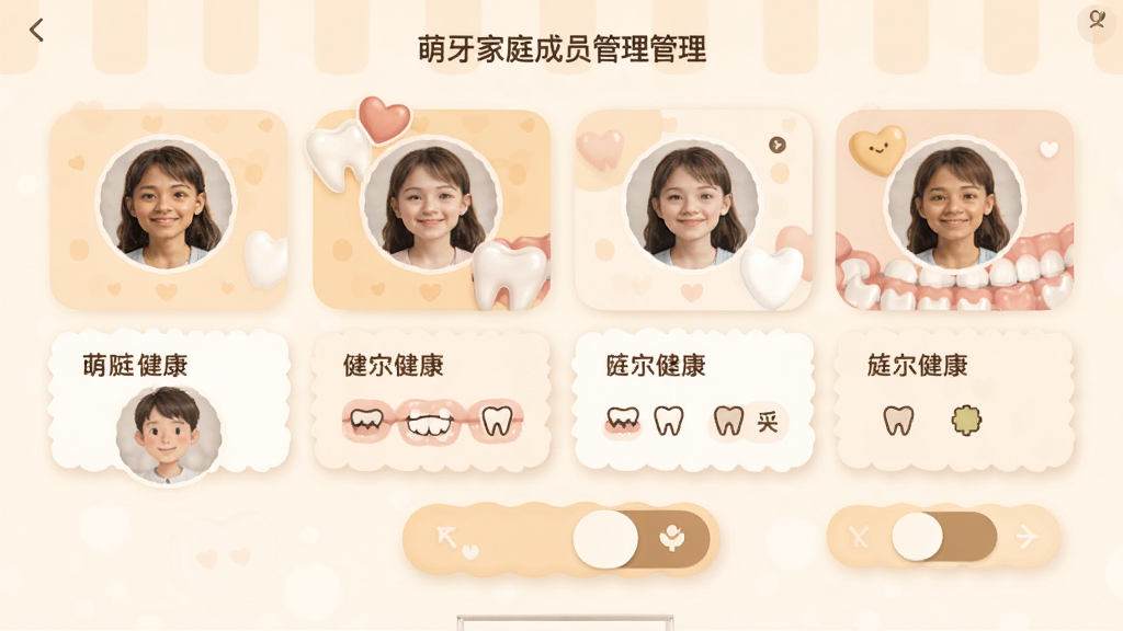 萌牙 家庭成员管理 界面 多个用户头像 牙齿健康卡片 切换按钮 温馨色调 布局整齐 画质清晰