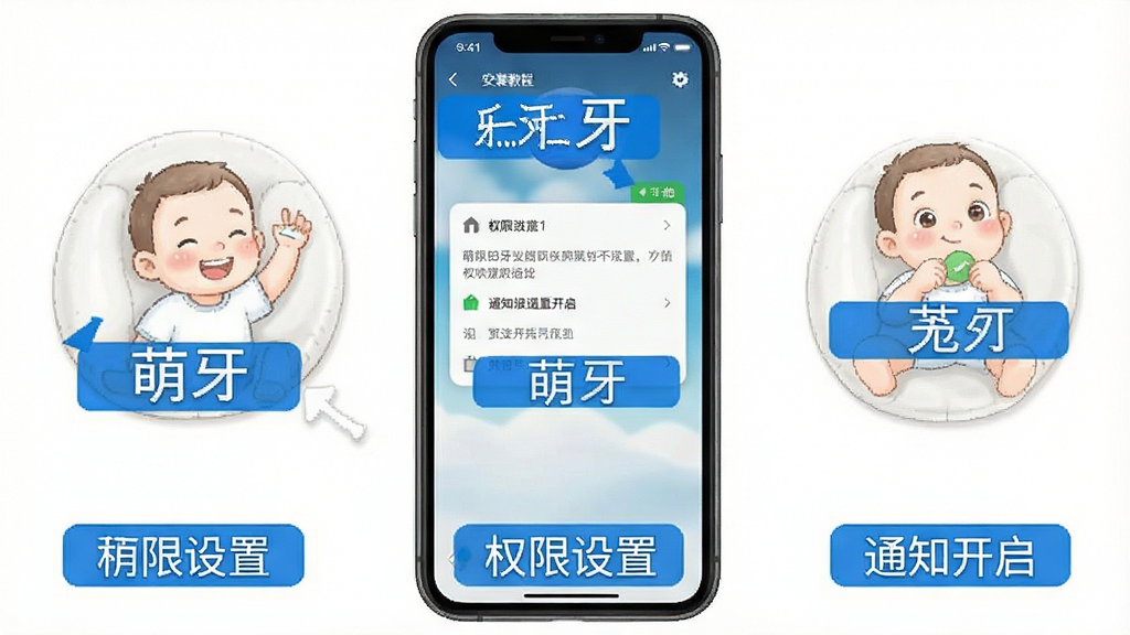 萌牙 安装教程 手机界面 权限设置 通知开启 步骤图 蓝色标注 清晰 干净 无多余元素