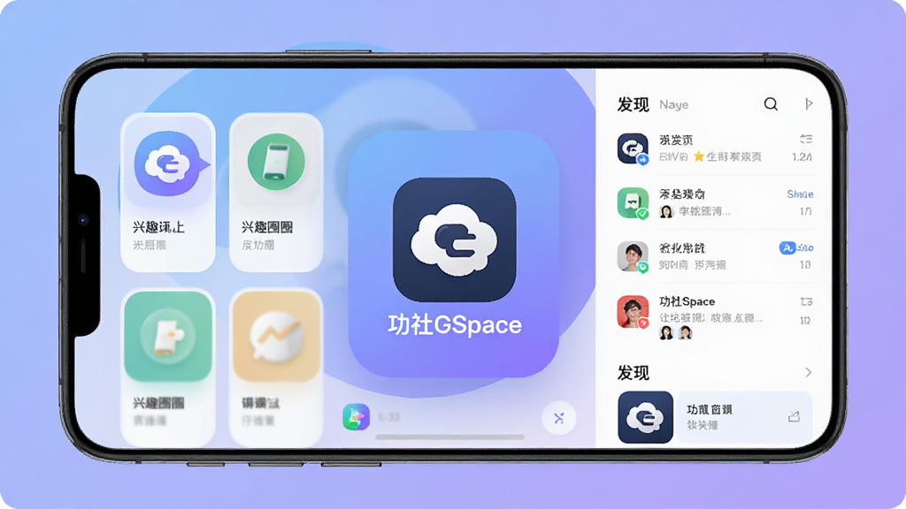 功社GSpace软件主界面全貌展示,手机屏幕中央显示“功社GSpace”应用图标和名称,背景是柔和的蓝紫色渐变,界面布局展示兴趣圈子卡片、聊天列表和发现页,风格现代扁平化,细节圆润,画质干净清晰,无多余元素