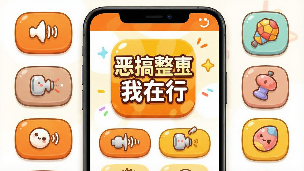一张手机屏幕展示界面,画面中央是“恶搞整蛊我在行”的软件图标和主界面,界面上分布着各种整蛊音效按钮和互动道具图标,背景是明亮活泼的卡通风格,主色调为橙色和黄色,布局简洁清晰,风格轻松有趣,细节圆润可爱,画质干净,无多余元素