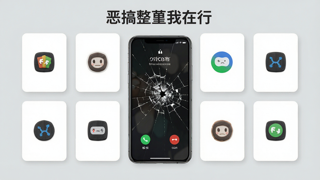 一张“恶搞整蛊我在行”互动道具展示图,画面中手机屏幕显示模拟来电和屏幕碎裂特效的预览界面,背景为浅灰色,道具图标以卡片形式排列,风格简洁现代,布局清晰,画质干净,无多余元素