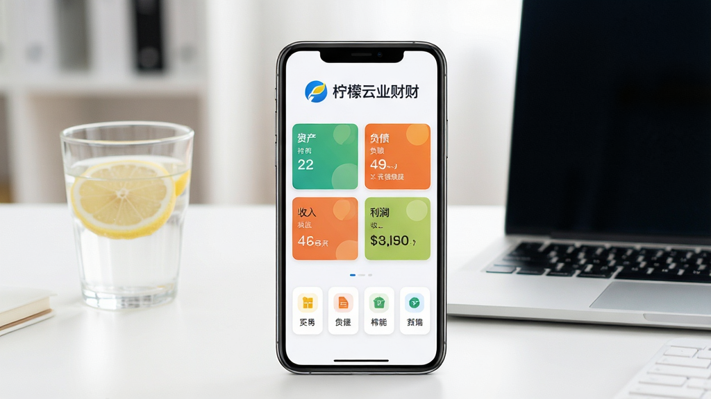 柠檬云业财应用主界面全貌展示,画面中央是一部手机屏幕亮起,屏幕内显示柠檬云业财的仪表盘,上方是蓝色的企业logo和“柠檬云业财”字样,中间是资产、负债、收入、利润的卡片式数据展示,下方是快捷功能入口图标,背景是干净的书房桌面,旁边放着一杯柠檬水和一台笔记本电脑,整体风格现代简约明亮,画质清晰干净,无多余元素