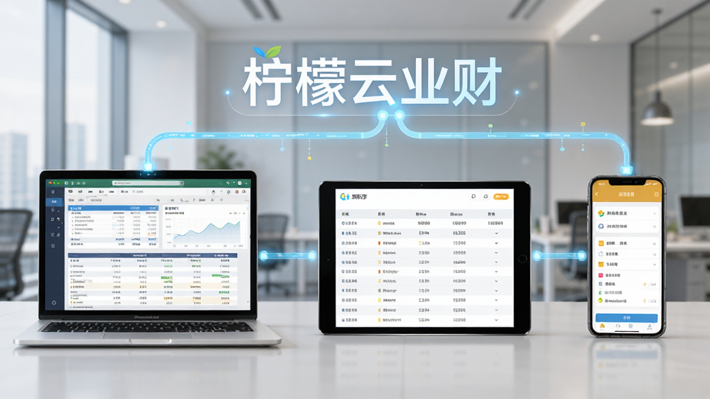 柠檬云业财多端协同场景,画面左侧是一台笔记本电脑显示财务报表,中间是一部平板电脑显示库存列表,右侧是一部手机显示审批流程,三块屏幕通过淡蓝色的数据线连接在一起,屏幕上方飘浮着“柠檬云业财”的文字标识,背景是虚化的现代办公室,风格科技商务,画质干净,无多余元素