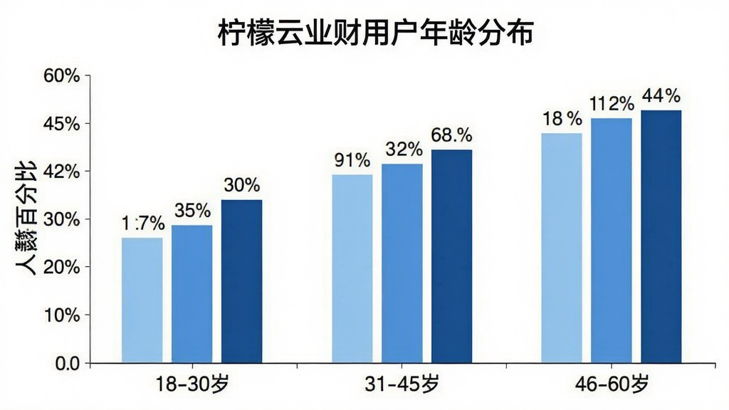 柠檬云业财用户年龄分布柱状图,画面是一张简洁的柱状图,横轴标注“18-30岁”“31-45岁”“46-60岁”,纵轴标注人数百分比,柱体颜色分别为浅蓝、中蓝、深蓝,柱子上方有具体的百分比数字,图表标题为“柠檬云业财用户年龄分布”,背景纯白,风格数据可视化,画质干净,无多余元素