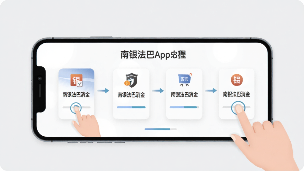 一张展示南银法巴消金App借款流程步骤的图片,主体是手机屏幕,布局为分步流程图,排版从左到右,风格扁平化插画,细节包含手指点击、进度条和
