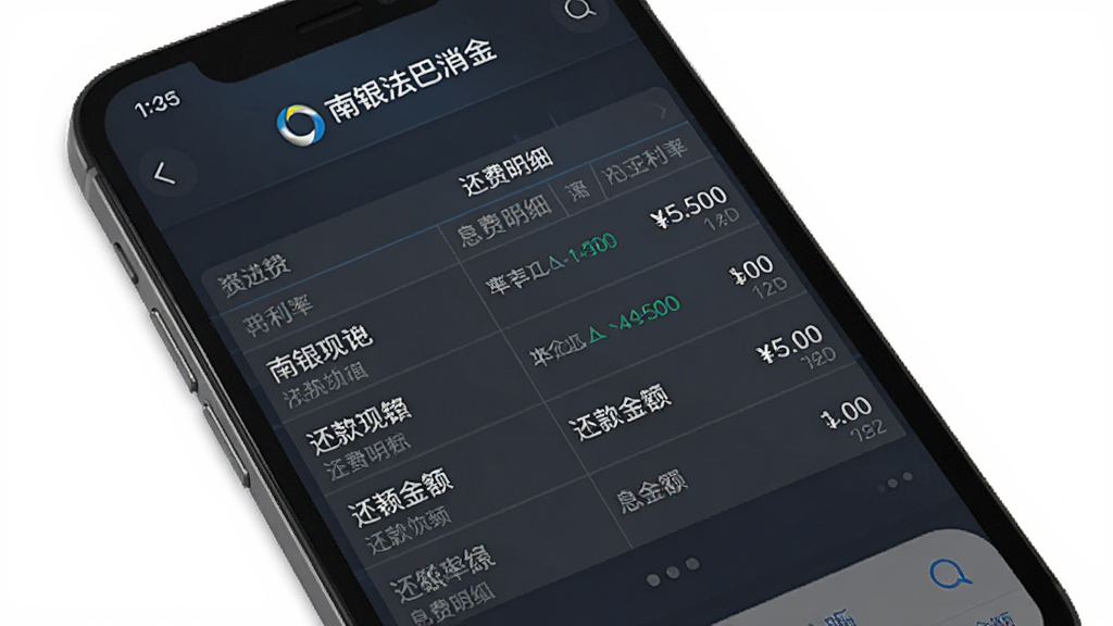 一张展示南银法巴消金App息费明细页面的图片,主体是手机屏幕,布局为表格形式,排版清晰,风格商务简洁,细节包含利率数字、还款金额和