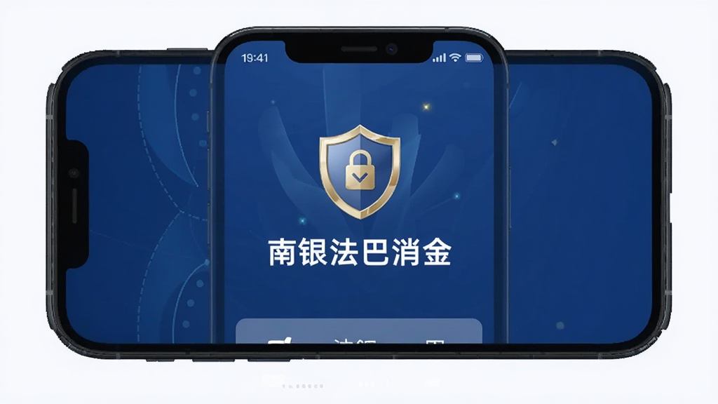 一张展示南银法巴消金App安全认证页面的图片,主体是手机屏幕,布局为上下结构,排版整齐,风格商务科技感,细节包含盾牌图标和