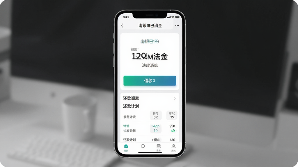 一张展示南银法巴消金App额度管理界面的图片,主体是手机屏幕,布局居中,排版清晰,风格简约现代,细节包含额度数字、借款按钮和还款计划表,画质干净无多余元素,背景为白色,图片中文字包含