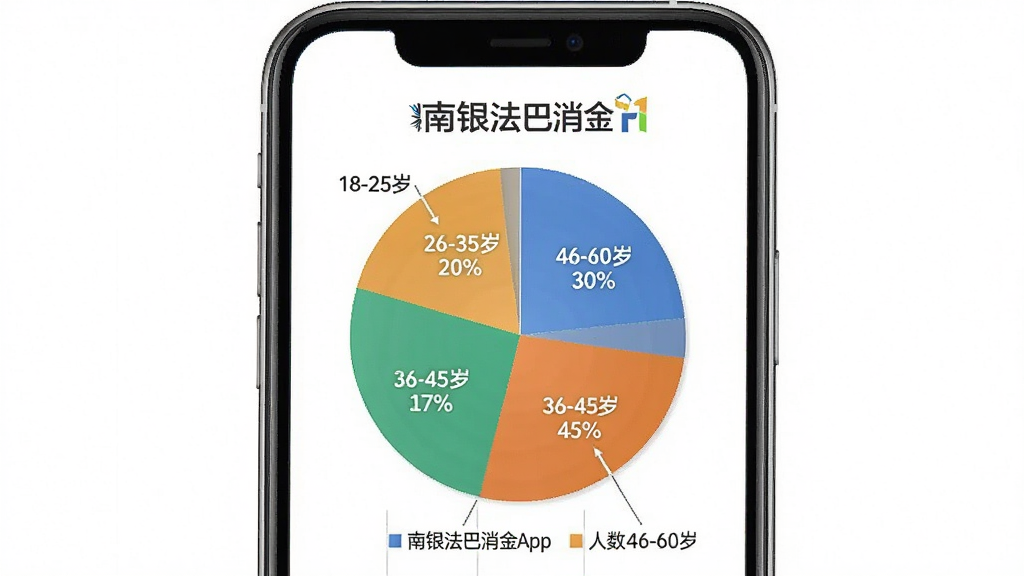 一张展示不同年龄段用户使用南银法巴消金App人数占比的饼状图,主体是手机屏幕上的图表,布局居中,排版简洁,风格数据可视化,细节包含18-25岁、26-35岁、36-45岁、46-60岁四个扇形区域和百分比数字,画质干净无多余元素,背景为白色,图片中文字包含