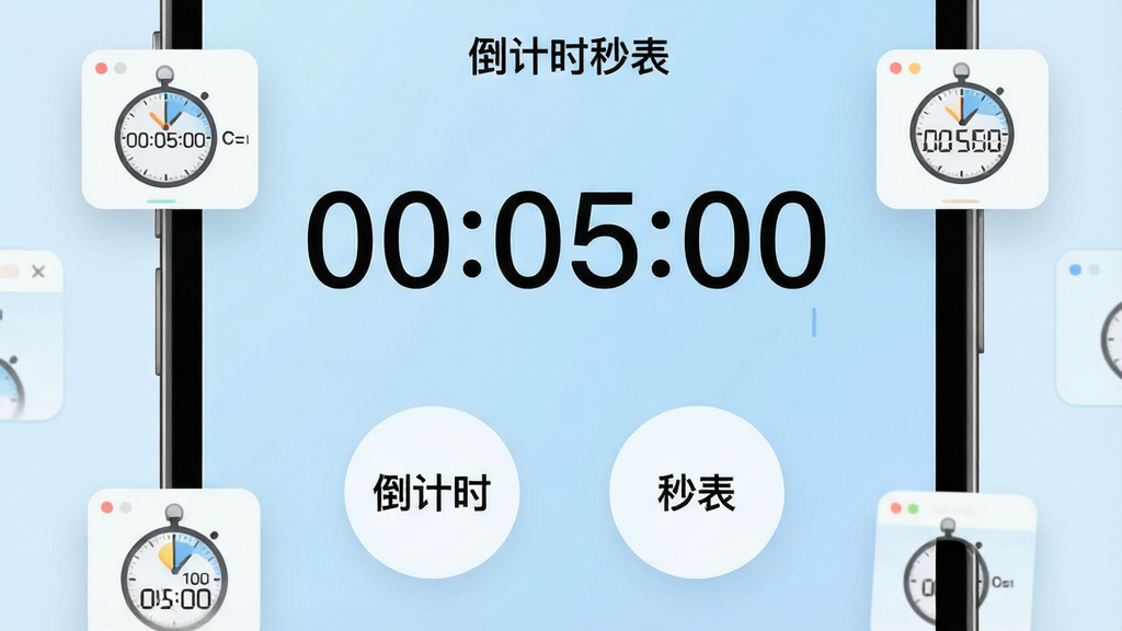 一张手机屏幕特写图,画面中央显示“倒计时秒表”应用主界面,背景是柔和的浅蓝色渐变。界面布局简洁,上方有巨大的数字倒计时显示“00:05:00”,下方并排两个圆形按钮,左边写着“倒计时”,右边写着“秒表”。周围环绕着几个迷你计时器悬浮窗的图标,代表悬浮窗功能。风格现代扁平化,细节圆润,画质干净无多余元素。