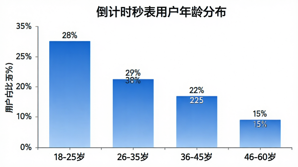 一张柱状图,标题为“倒计时秒表用户年龄分布”,横轴为年龄段“18-25岁”“26-35岁”“36-45岁”“46-60岁”,纵轴为用户占比百分比。柱状图显示26-35岁占比最高约35%,18-25岁约28%,36-45岁约22%,46-60岁约15%。图表风格简洁,颜色为蓝色渐变,背景白色,数据标签清晰。