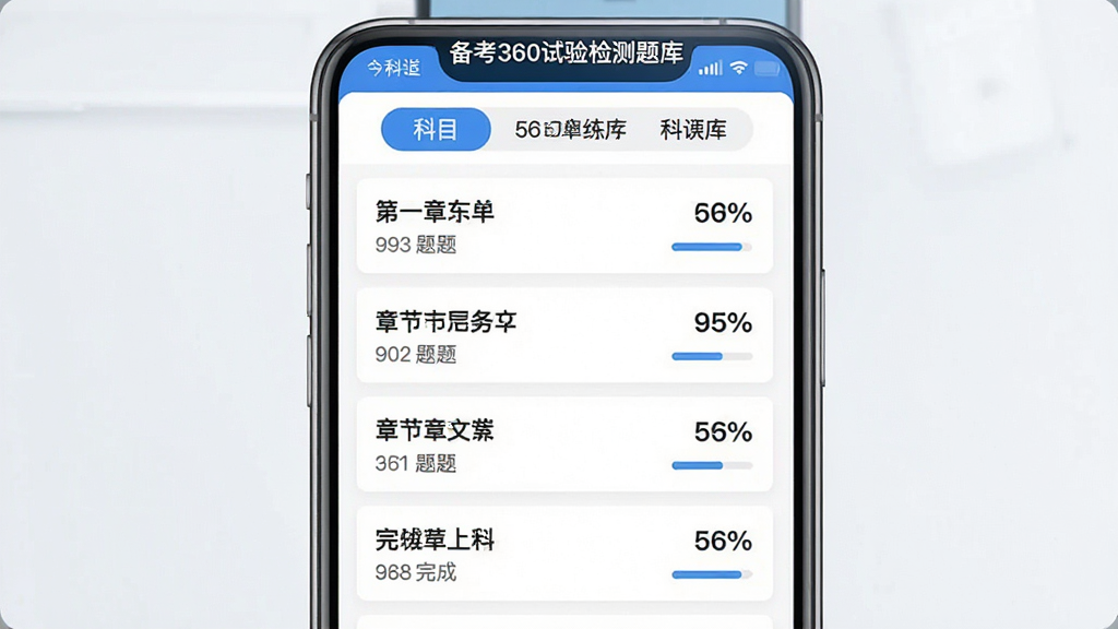 一张展示“备考360试验检测题库”APP题库列表页面的图片,主体是竖屏手机屏幕,屏幕内显示章节练习列表,布局顶部是科目切换标签,中间是章节名称和对应的题目数量,每个章节右侧有完成进度百分比,排版清晰,风格简约,细节工整,画质干净,无多余元素