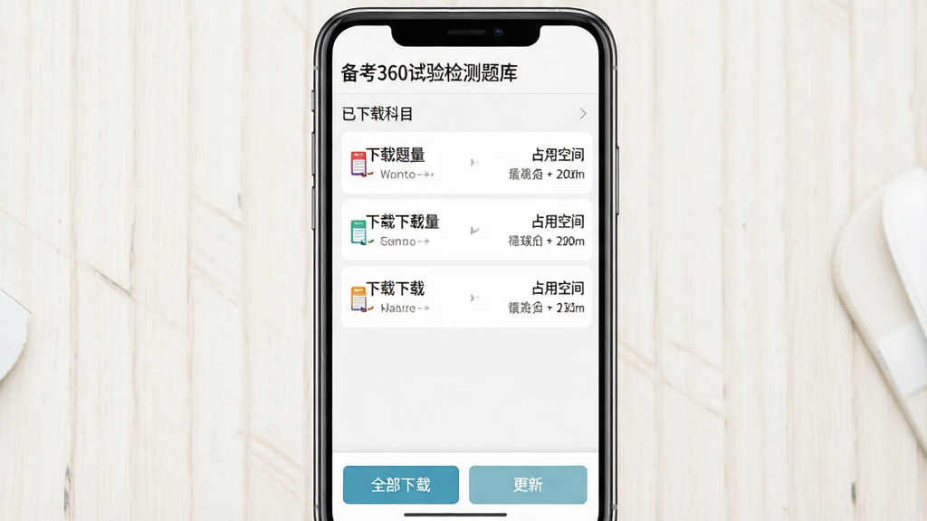 一张展示“备考360试验检测题库”APP离线下载功能的图片,主体是竖屏手机屏幕,屏幕内显示下载管理页面,布局顶部是已下载科目列表,每个科目右侧显示已下载题量和占用空间,底部有“全部下载”“更新”按钮,排版清晰,风格扁平化,细节简洁,画质干净,无多余元素