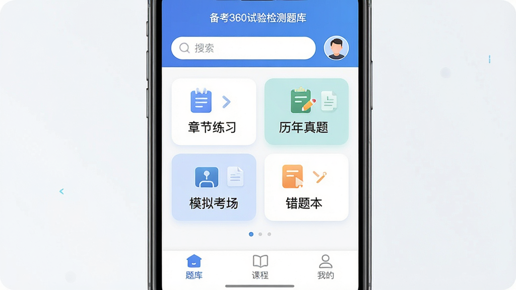 一张展示“备考360试验检测题库”APP主界面的图片,主体是一个竖屏手机屏幕,屏幕内显示APP首页,布局顶部是搜索框和用户头像,中间是“章节练习”“历年真题”“模拟考场”“错题本”四个功能卡片,底部是题库、课程、我的三个导航标签,排版整齐,风格简洁现代,细节圆润,画质干净,无多余元素