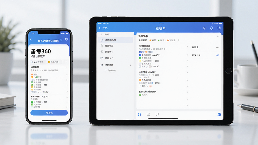 一张展示“备考360试验检测题库”APP在手机和平板上同时使用的图片,主体是竖屏手机和横屏平板并排摆放,手机显示做题界面,平板显示错题本界面,布局左右对称,风格现代科技感,细节清晰,画质干净,无多余元素