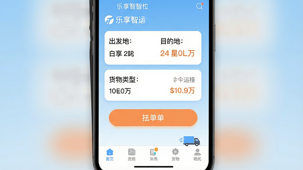 手机屏幕竖版构图,画面中央展示“乐享智运”APP的主界面,上方是醒目的货源列表卡片,卡片上标注出发地、目的地、货物类型和运费金额,下方有抢单按钮,背景是浅蓝色渐变,底部导航栏清晰可见,整体风格现代扁平化,UI细节圆润,文字清晰可读,画质干净无多余元素,模拟真实手机应用截图效果