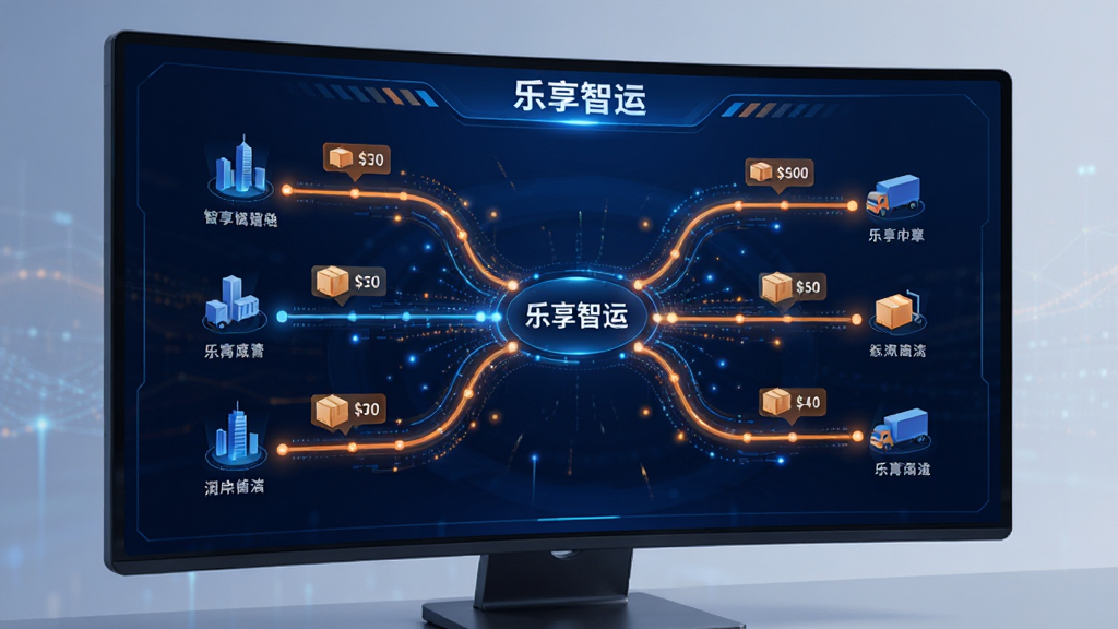 AI生图,画面主体是一个物流调度中心的虚拟界面,屏幕中显示“乐享智运”的智能匹配引擎正在工作,多条线路从不同城市节点延伸汇聚,每条线路旁边有货物图标和价格标签,整体布局以数据可视化风格呈现,配色为深蓝与亮橙搭配,风格科技感十足,细节处有光点流动效果,画质清晰干净,无多余杂乱元素
