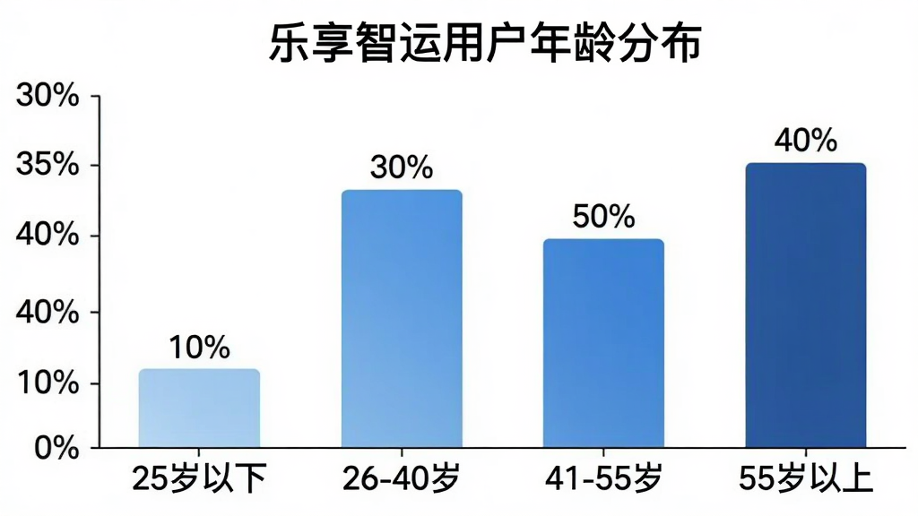 AI生图,画面是一个横向的柱状图,标题为“乐享智运用户年龄分布”,横轴是年龄段标签“25岁以下”“26-40岁”“41-55岁”“55岁以上”,纵轴是百分比刻度,四根柱子颜色从浅蓝到深蓝渐变,柱子上方标注具体百分比数值,背景为纯白色,风格简洁数据可视化,文字清晰,画质干净无多余装饰