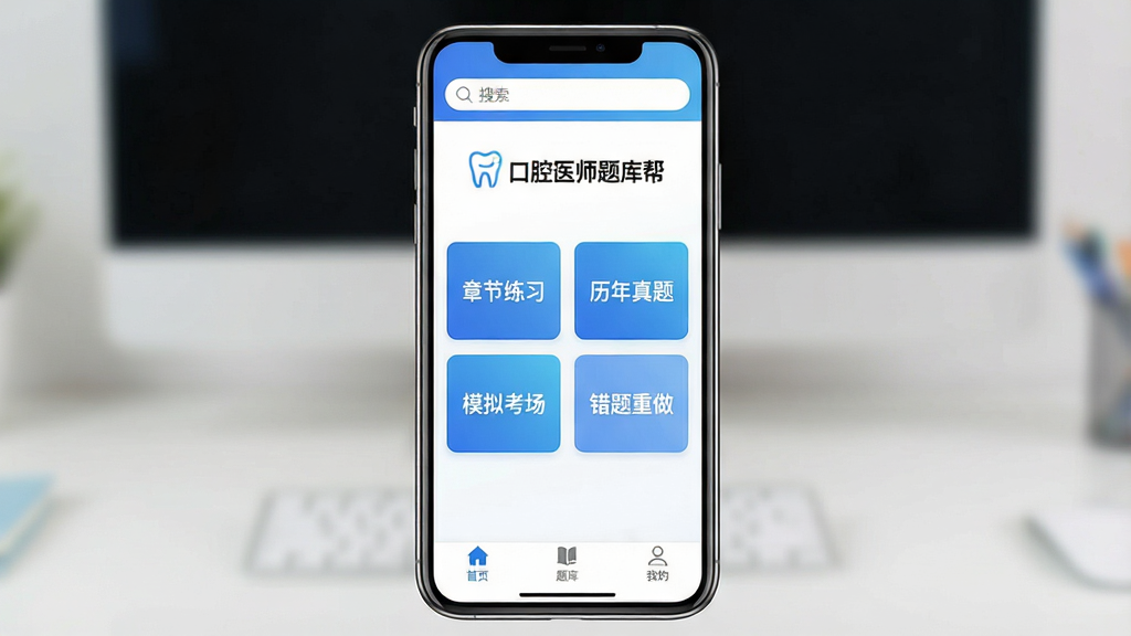һ���ֻ���Ļչʾ����ǻҽʦ���APP���������ϸͼƬ�������������ֻ���������Ļ����ʾAPP����ҳ��������������͡���ǻҽʦ�����Logo���֣��м��Ǽ�����ť���ֱ�д�š��½���ϰ�����������⡱��ģ�⿼�����������������������Ǹɾ������׽���ɫ�����ײ��С���ҳ������⡱���ҵġ���������ͼ�꣬���������ִ������������ɾ����޶���Ԫ��