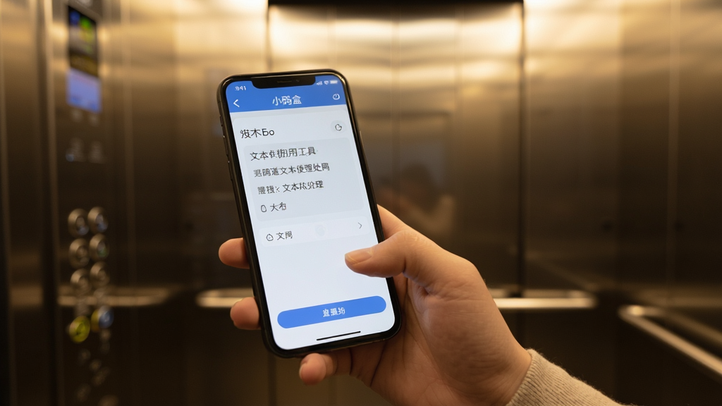 小码盒 离线使用场景 一个人在电梯里拿着手机使用小码盒App 屏幕显示文本处理工具界面 背景是电梯内部 光线柔和 突出手机屏幕内容 画质干净 无多余装饰
