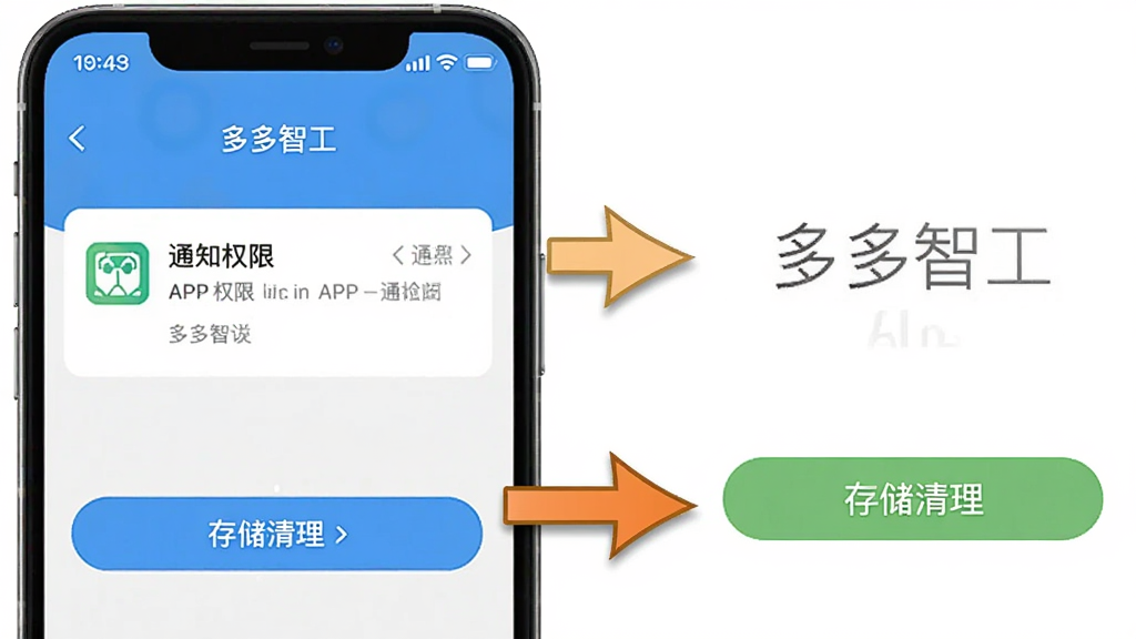 一张手机屏幕截图风格的图示,画面显示“多多智工”APP的通知权限设置页面和存储清理按钮,旁边有箭头指引,风格简洁直观,色彩明快,画质清晰,用于指导用户操作
