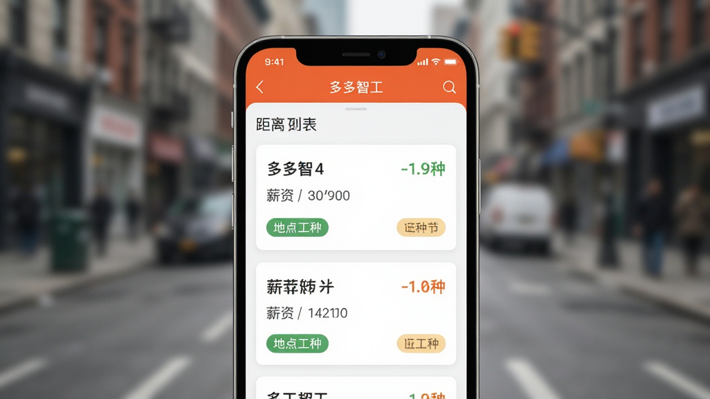 一张展示“多多智工”APP内岗位列表页面的特写图,画面主体是手机屏幕,屏幕上显示着按距离排序的招工卡片,卡片上标注着薪资、地点和工种标签,背景是模糊的城市街道,风格写实,画质清晰,突出信息层次感