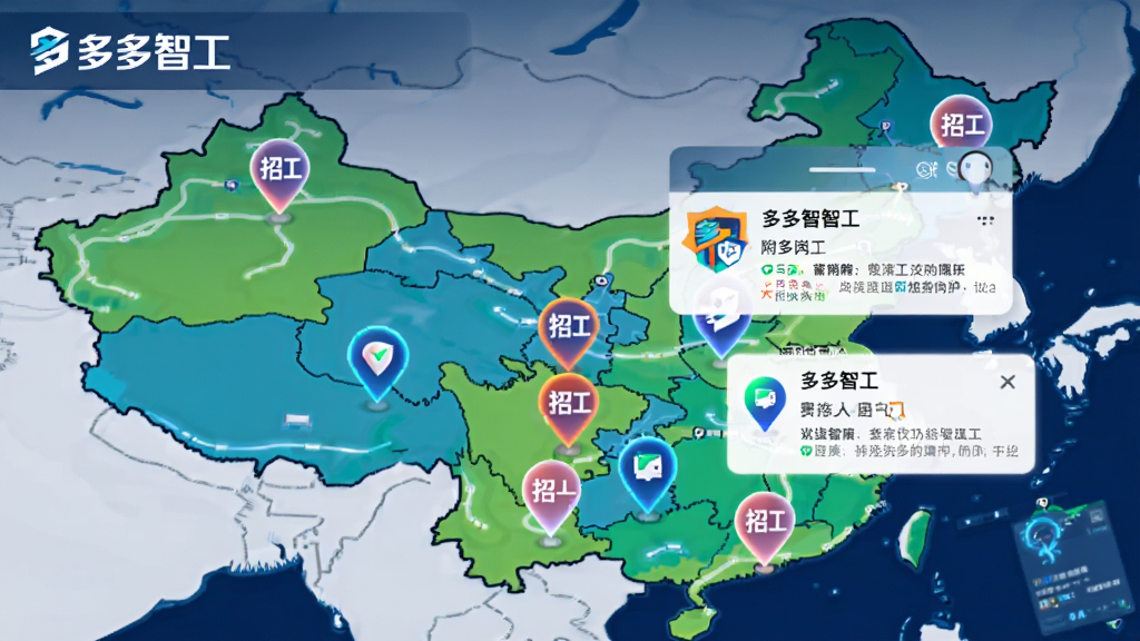 一张以地图为背景的“多多智工”附近功能展示图,地图上散布着多个招工标记点,手机浮窗显示着附近的岗位简讯,风格科技感,色彩对比鲜明,画质干净,突出地理位置与工作的关联