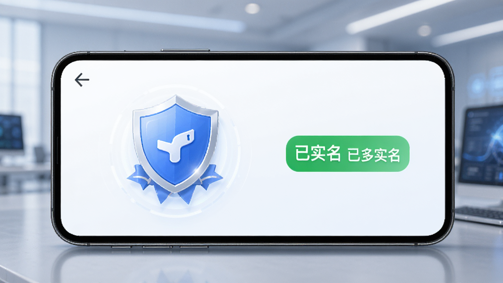 一张展示“多多智工”实名认证与安全中心界面的示意图,手机屏幕显示着盾牌图标和认证徽章,旁边有“已实名”的标签,背景干净,风格商务科技感,画质清晰,强调安全可信赖的氛围