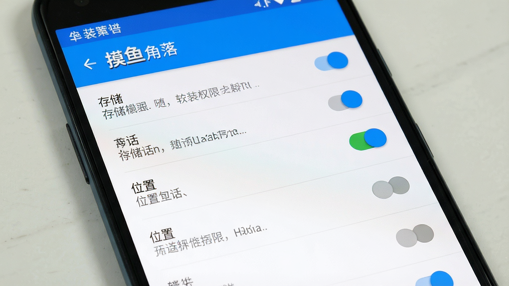 一张展示“摸鱼角落”软件安装权限设置界面的生图,主体是手机屏幕显示应用权限管理页面,布局为列表形式列出各项权限如“存储”“电话”“位置”等,其中“存储”权限为开启状态其他为关闭状态,排版清晰,风格为安卓原生设置界面以白色背景和蓝色开关按钮为主,细节权限说明文字清晰可见,画质高清干净无多余元素