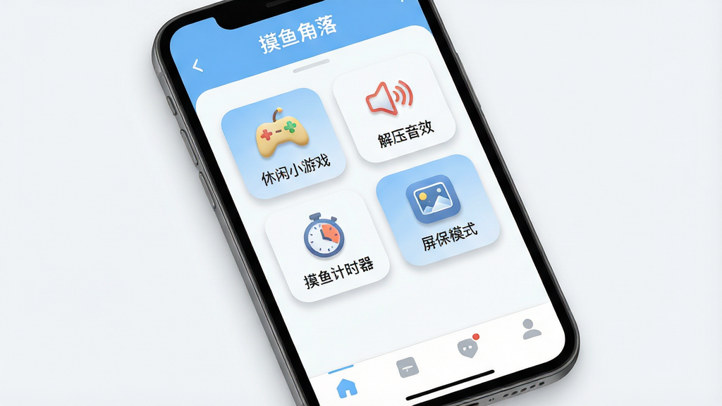 一张展示“摸鱼角落”软件主界面的详细生图,主体是手机屏幕显示应用界面,布局为顶部标题栏写着“摸鱼角落”,中间区域排列着几个圆角矩形功能入口图标包括“休闲小游戏”“解压音效”“摸鱼计时器”“屏保模式”,底部为导航栏,排版简洁留白充足,风格为现代扁平化设计以浅蓝和白色为主色调,细节圆润图标带有轻微阴影,画质高清干净无多余元素