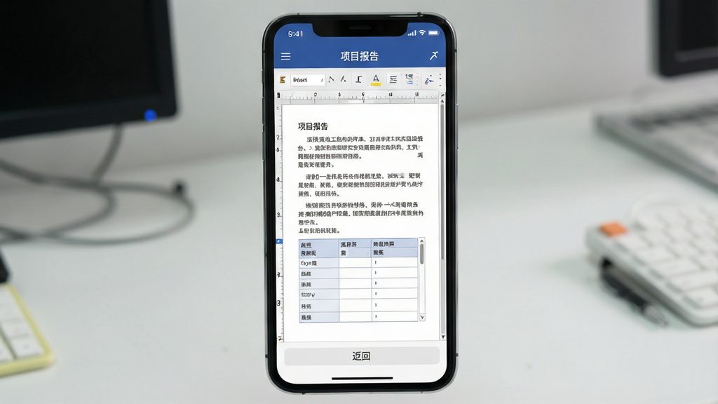 一张展示“摸鱼角落”软件内“伪装模式”功能的生图,主体是手机屏幕显示一个伪装成工作文档的界面,布局为顶部标题栏显示“项目报告”,中间区域是模拟文档内容带有段落和表格,底部有返回按钮,排版正式严谨,风格为办公文档样式以白色背景和黑色文字为主,细节模拟Word界面元素如标尺和滚动条,画质高清干净无多余元素