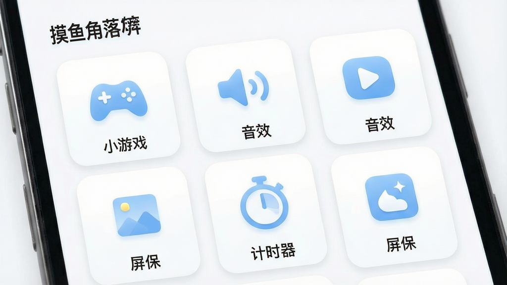 一张展示“摸鱼角落”软件内小工具集合页面的生图,主体是手机界面呈现网格状排列的功能卡片,布局为三列图标矩阵,每个卡片下方标注工具名称如“小游戏”“音效”“计时器”“屏保”,排版整齐间距均匀,风格为清新简约以白色背景和淡蓝色图标为主,细节卡片有圆角和高光效果,画质清晰干净无多余元素