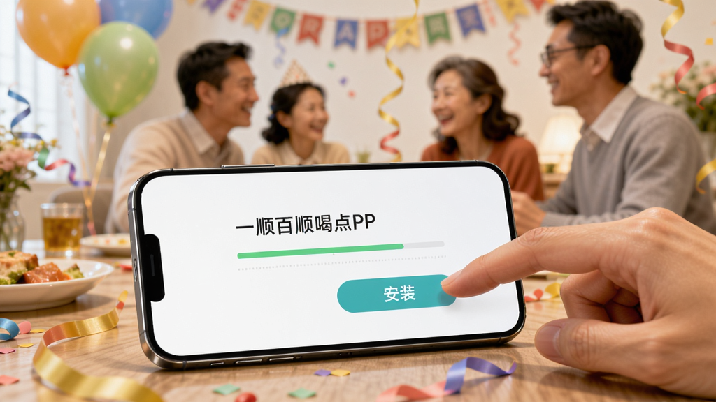 一部手机放在桌面上,屏幕显示“一顺百顺喝点儿”APP的安装进度条,手机旁边有一只手正准备点击屏幕上的“安装”按钮,背景是虚化的家庭聚会场景,有气球和彩带,画面风格温馨明亮,画质清晰干净,重点突出手机屏幕上的安装界面