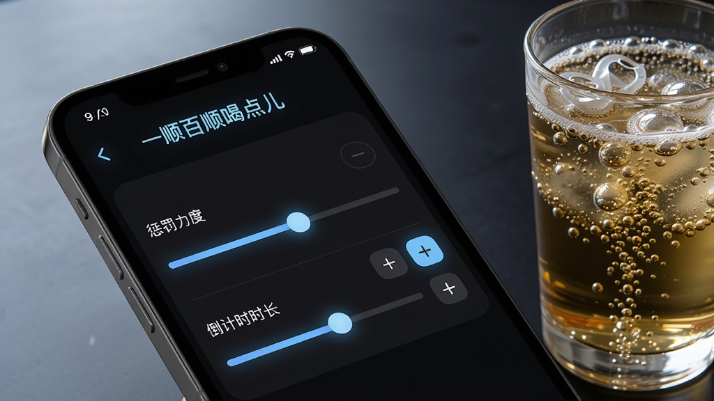 一张手机屏幕截图风格的图片,展示“一顺百顺喝点儿”APP的自定义规则设置界面,界面上有滑动条和加减号按钮用于调整“惩罚力度”和“倒计时时长”,背景是深色模式,按钮和文字发出柔和的蓝光,画面风格简约科技感,手机旁边放着一杯冒着气泡的饮料,画质干净无多余元素