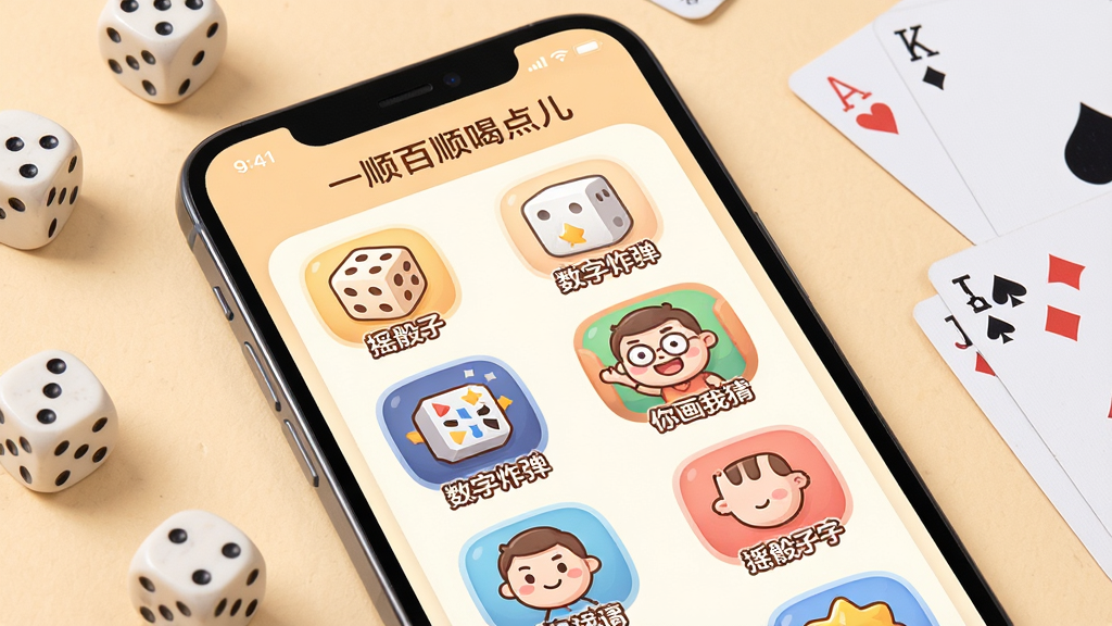 一张手机应用界面的截图风格图片,画面主体是一个手机屏幕,屏幕里展示着“一顺百顺喝点儿”APP的游戏选择列表,列表上排列着“摇骰子”、“数字炸弹”、“你画我猜”等游戏选项的图标,图标采用圆润可爱的卡通风格,背景是柔和的暖色调,手机周围散落着几个真实的骰子和扑克牌作为点缀,整体风格轻松活泼,画质清晰干净