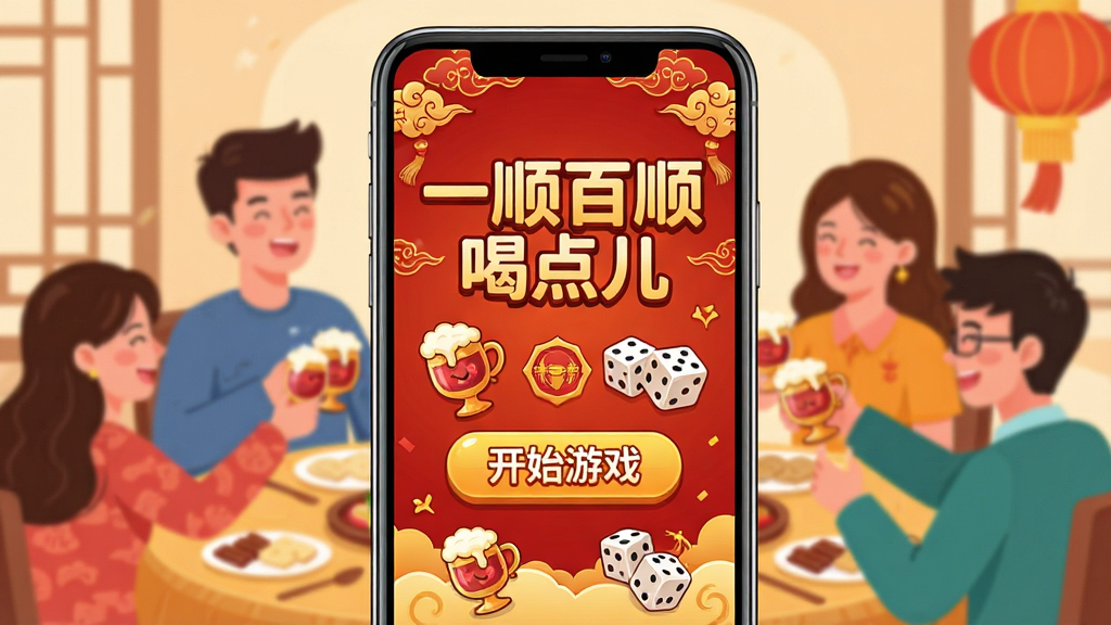 一张展示手机屏幕的图片,屏幕中央是“一顺百顺喝点儿”的APP主界面,界面设计喜庆热闹,背景是红色和金色的中国风元素,主界面上有醒目的“开始游戏”按钮和几个卡通风格的酒杯、骰子图标,周围环绕着几个年轻人围坐在餐桌旁开心举杯的模糊虚影,画面风格是扁平化插画,色彩鲜艳,画质干净无多余元素