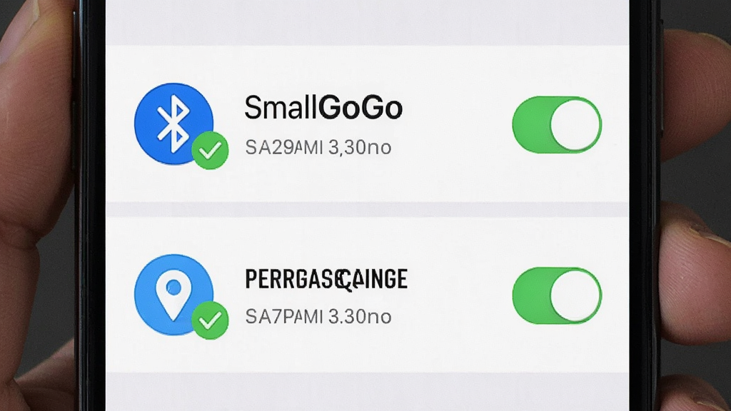 一张手机屏幕截图风格的图片,展示SmallGoGo的权限设置引导界面,画面中有蓝牙图标和位置图标,旁边有绿色的勾选标记,布局为列表式,风格清晰直观,细节包括权限名称和开关按钮,画质干净,无多余元素。
