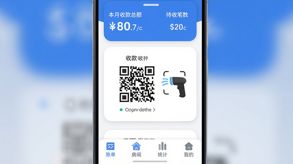 睿居房东端 手机应用主界面展示 主体为一部竖屏安卓手机 布局为顶部显示本月收款总额和待收笔数 中间是收款二维码和扫码枪图标 底部为账单、房间、统计、我的四个选项卡 排版为上下结构 风格为现代扁平化 细节为圆角卡片设计 主色调为蓝白配色 画质清晰 干净 无多余元素