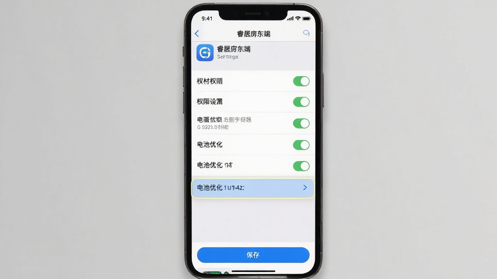 睿居房东端 设置界面展示 主体为手机屏幕显示后台运行权限设置页面 布局为顶部应用名称 中间权限开关列表 底部保存按钮 排版为纵向列表 风格为系统原生设置界面 细节为高亮标注电池优化选项 画质清晰 干净 无多余元素
