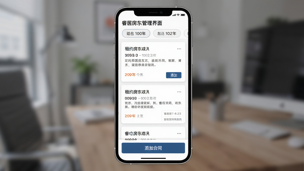 睿居房东端 租约合同管理界面展示 主体为手机屏幕显示合同卡片列表 布局为顶部筛选标签 中间合同卡片 底部添加合同按钮 排版为纵向滚动 风格为正式商务 细节为日期标注醒目 画质清晰 干净 无多余元素