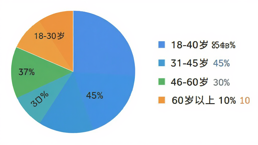 睿居房东端 用户年龄分布饼状图 主体为饼状图 布局为左侧饼图 右侧图例 排版为横向 风格为数据可视化 细节为18-30岁占15%、31-45岁占45%、46-60岁占30%、60岁以上占10% 画质清晰 干净 无多余元素