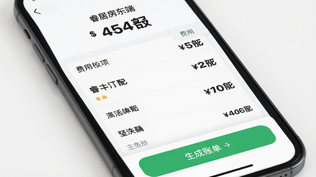 睿居房东端 水电费分摊账单界面展示 主体为手机屏幕显示费用明细列表 布局为顶部总金额 中间分项费用条目 底部生成账单按钮 排版为纵向列表 风格为清爽简约 细节为数字清晰加粗 画质清晰 干净 无多余元素