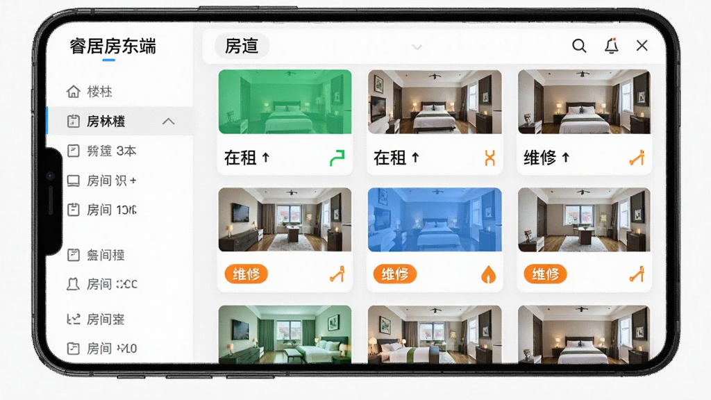 睿居房东端 多房源管理界面展示 主体为手机屏幕显示楼栋和房间列表 布局为左侧楼栋导航 右侧房间卡片网格 排版为左右分栏 风格为简洁商务 细节为绿色空置标识、蓝色在租标识、橙色维修标识 画质清晰 干净 无多余元素